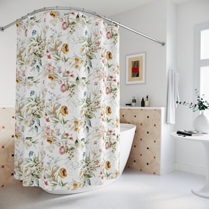 Boho Wildflowers Shower Curtain, Floral Shower Curtain, Fabric Shower Curtain, Cottagecore Bath Decor, Bathroom Accessories, Boho Home Decor