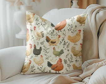 Chicken Pillow Cover, Whimsical Chickens Pillowcase, Farmhouse Decor, Decorative Throw Pillow Cover, Square Pillow Cover, Chicken Lover Gift