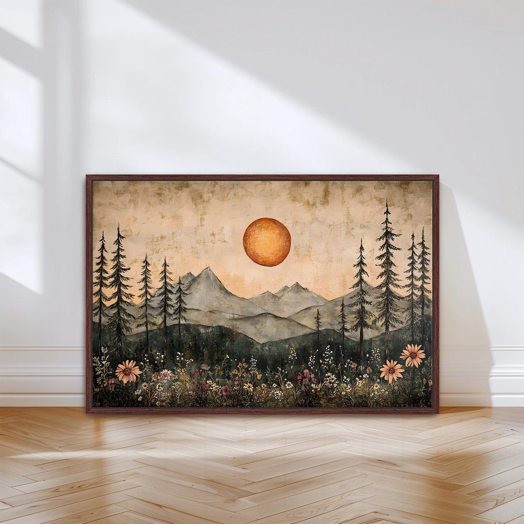 Boho Mountain Sunrise Framed Canvas Wall Art, Rustic Sun and ...