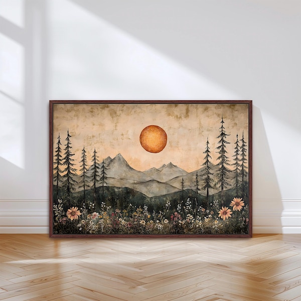 Boho Mountain Sunrise Framed Canvas Wall Art, Rustic Sun and Wildflowers Landscape Canvas Print, Vintage Nature Framed Art, Home Decor, 087