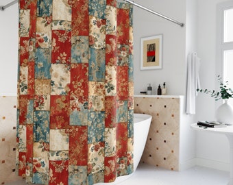 Faux Patchwork Shower Curtain, Floral Shower Curtain, Vintage Bath Curtain, Rustic Bathroom, French Country Farmhouse Decor, Shabby Chic