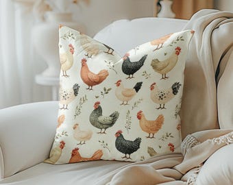 Chicken Pillow Cover, Whimsical Chickens Pillowcase, Farmhouse Decor, Decorative Throw Pillow Cover, Square Pillow Cover, Chicken Lover Gift