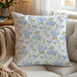 Hydrangea Square Pillowcase, Floral Throw Pillow Cover, Blue Floral Pillow Cover, Home Decor Accent, Gift for Gardeners, Botanical Decor