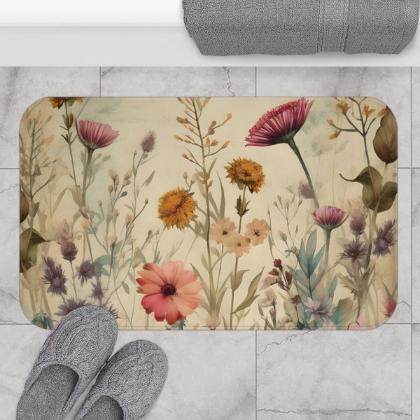 Vintage Boho Wildflowers Bath Mat, Memory Foam Bath Mat, Floral Bath Rug, Bathroom Accessories, Home Decor, Boho Home Decor, Boho Bath Decor