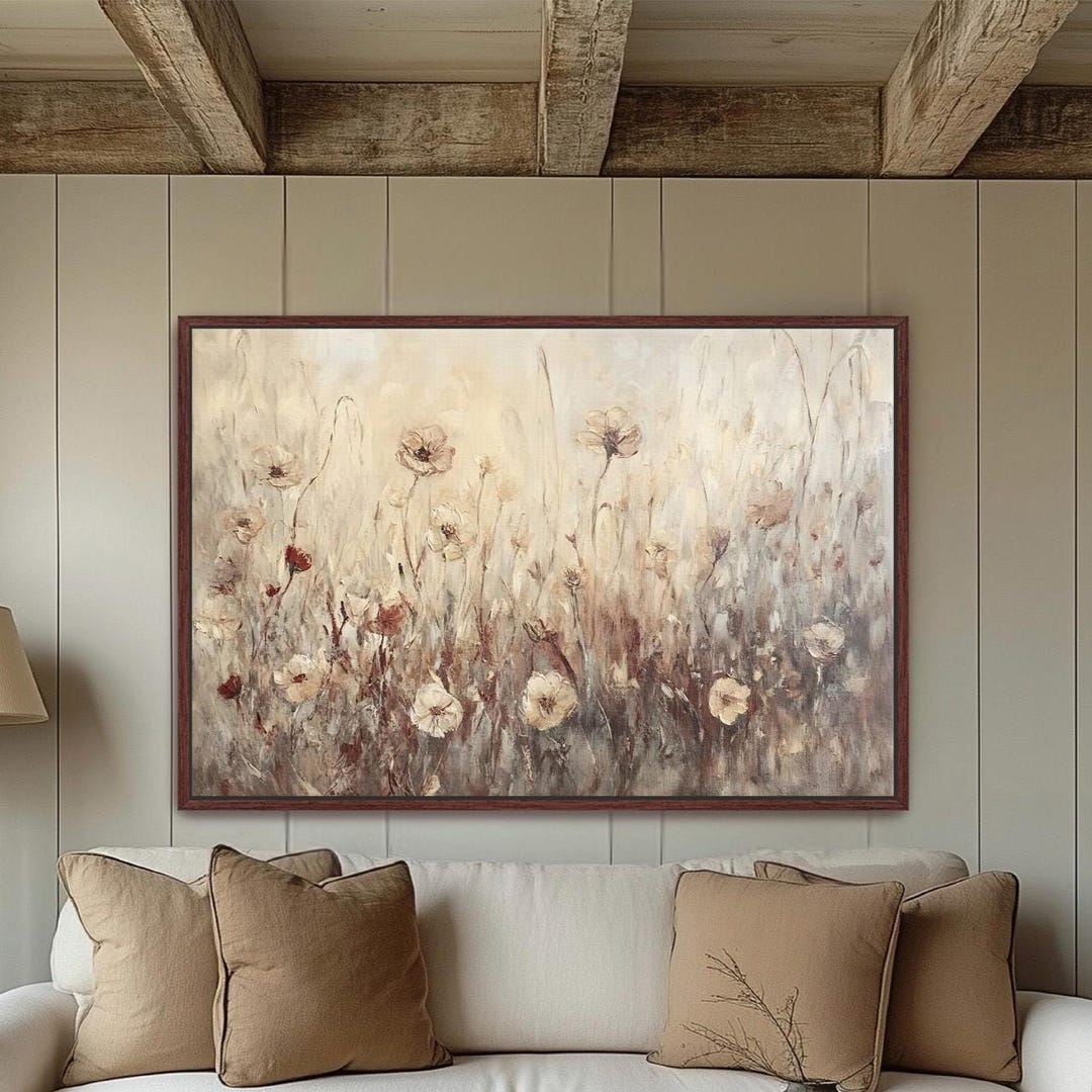 Neutral Wildflowers Framed Canvas Wall Art, Soft Beige & Blush Abstract ...