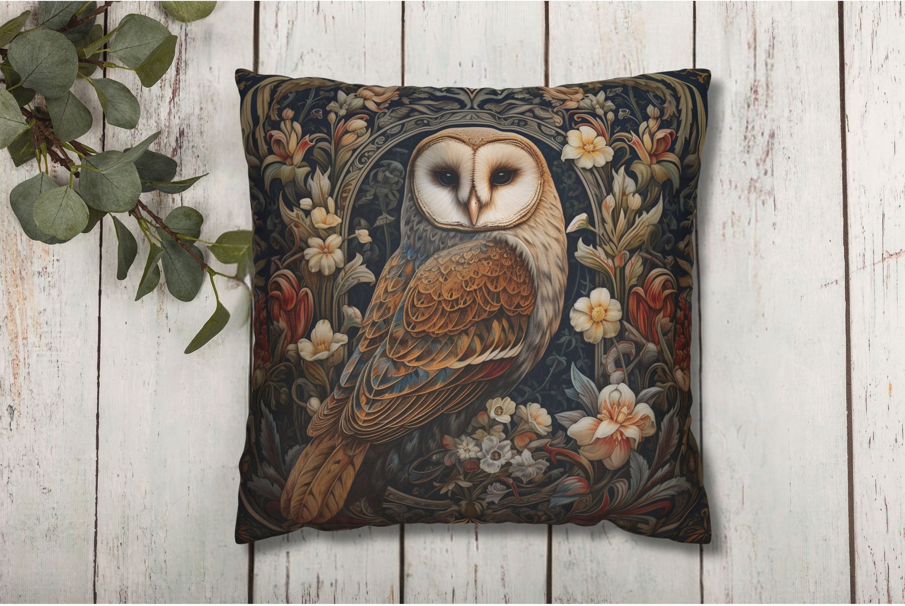 Owl Pillow Cover, William Morris-Inspired Throw Pillow Cover, Cottagecore Pillowcase, Woodland Theme