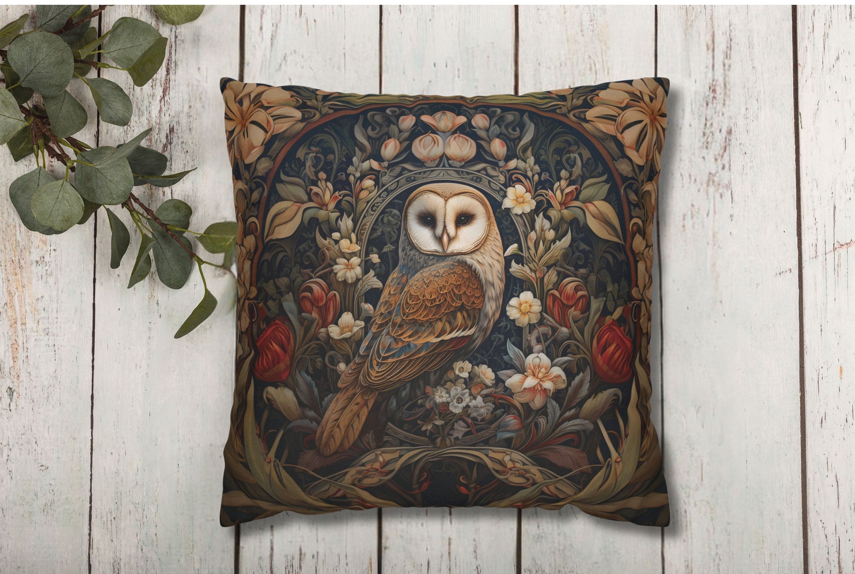 Owl Pillow Cover, William Morris-Inspired Throw Pillow Cover, Cottagecore Pillowcase, Woodland Theme