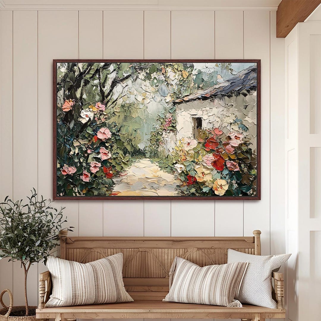 Framed Canvas Wall Art, Cottage Garden Print on Canvas, Floral Wall ...