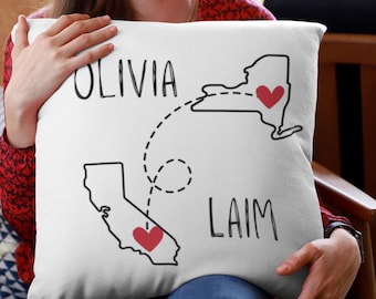 Personalized Long Distance Pillow: Custom Names & States Throw Cushion