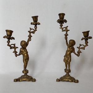 Antique French Brass Angel Candle Holders
