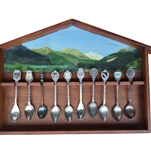 Wooden Spoon Rack With Ten Different Vintage Spoons