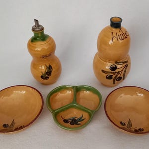 Vintage French Olive Oil Bottle & Plate Set