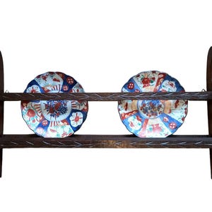 Vintage Wooden Plate Rack with Two Japanese Imari Plates