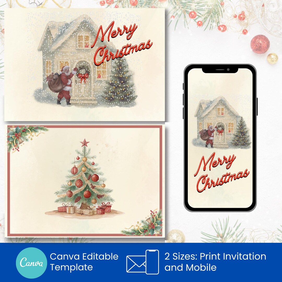 Santa Card Back Vintage Santa Christmas Card, Classic Santa Delivering Presents ...