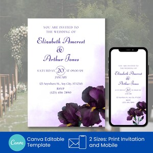May include: A wedding invitation design featuring the names Elizabeth Amcrest and Arthur Jones. The invitation includes the date, time, and location details, with a watercolor background and dark purple iris flowers. A mobile phone displays the same design.