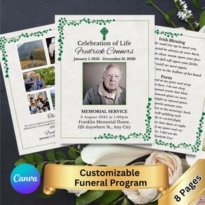 Irish Funeral Program Template, 8 Page Memorial Template, Clover Design, Editable Obituary Program, Printable Celebration of Life