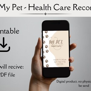 Może przedstawiać: Cyfrowy rejestr opieki zdrowotnej nad zwierzętami wyświetlany na smartfonie. Ekran pokazuje logo z napisem "My Pet Health Care" i śladami łap. Obraz zawiera również słowa "Do druku" i "Otrzymasz: 1 plik PDF."