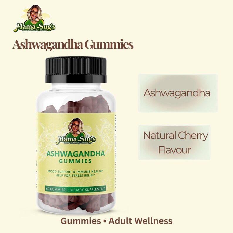 May include: A clear plastic bottle of Mama Sug's Ashwagandha Gummies. The bottle has a black lid and a yellow label with text that reads "Ashwagandha Gummies" and "Natural Cherry Flavor". The bottle contains 60 gummies and is a dietary supplement.