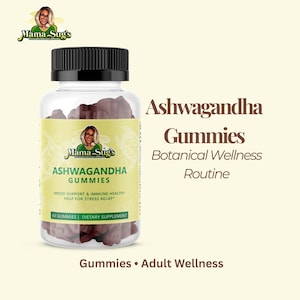 May include: A clear plastic bottle with a black lid filled with brown gummies. The label reads "Ashwagandha Gummies" with "Mood Support & Immune Health" and "Help for Stress Relief". The brand logo is at the top left.