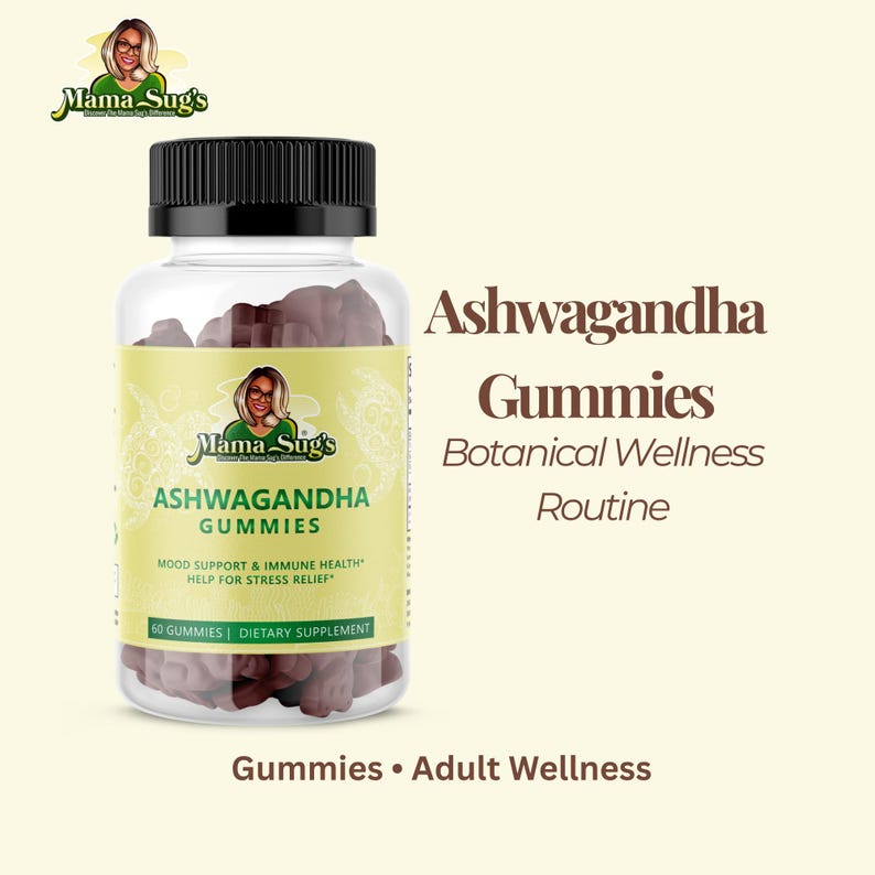 May include: A clear plastic bottle with a black lid filled with brown gummies. The label reads "Ashwagandha Gummies" with "Mood Support & Immune Health" and "Help for Stress Relief". The brand logo is at the top left.