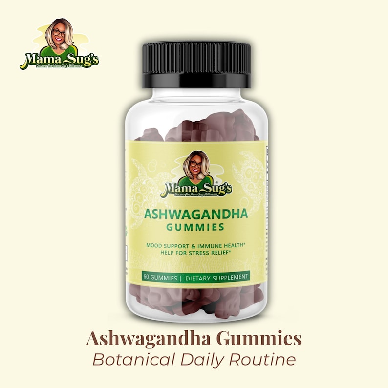 May include: A clear bottle of Mama Sug's Ashwagandha Gummies with a black cap. The label is yellow with the brand logo and text that reads "Ashwagandha Gummies" and "Mood Support & Immune Health". The bottle contains 60 gummies.