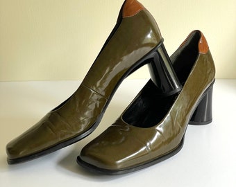 Vintage Shoes Gabor Trend Two Tone Green and Orange Square Toe Heeled Shoes (UK Size 5.5)