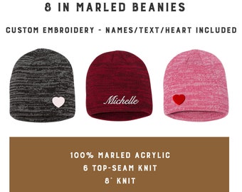 8 in Marled Beanie with custom text / heart - Embroidered beanie