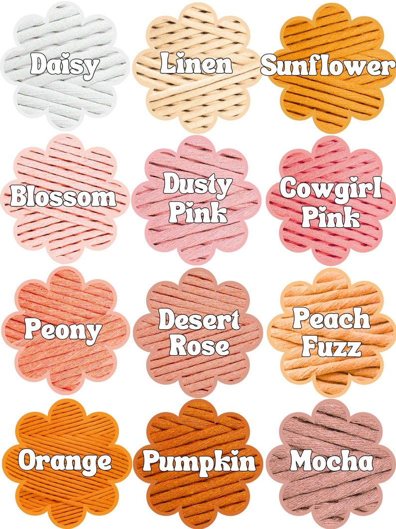 May include: A color palette featuring twelve flower-shaped swatches. Colors include Daisy, Linen, Sunflower, Blossom, Dusty Pink, Cowgirl Pink, Peony, Desert Rose, Peach Fuzz, Orange, Pumpkin, and Mocha. Each swatch displays a textured, woven material.