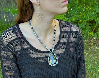 Smoky quartz teardrop crystal pendant necklace, quartz crystal beaded statement necklace and earrings set, smoky quartz jewelry set