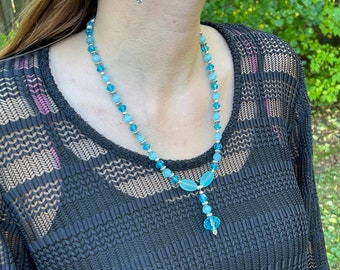 Aqua Crystal drop necklace, ocean blue Crystal pendant necklace, blue Crystal Y necklace, sky blue pendant statement necklace