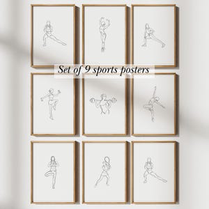 9 pôsteres esportivos, tênis, balé, fitness, ioga, levantamento de peso, fisiculturismo, arte de linha fina, minimalista, preto e branco, feminino, mulher mulheres