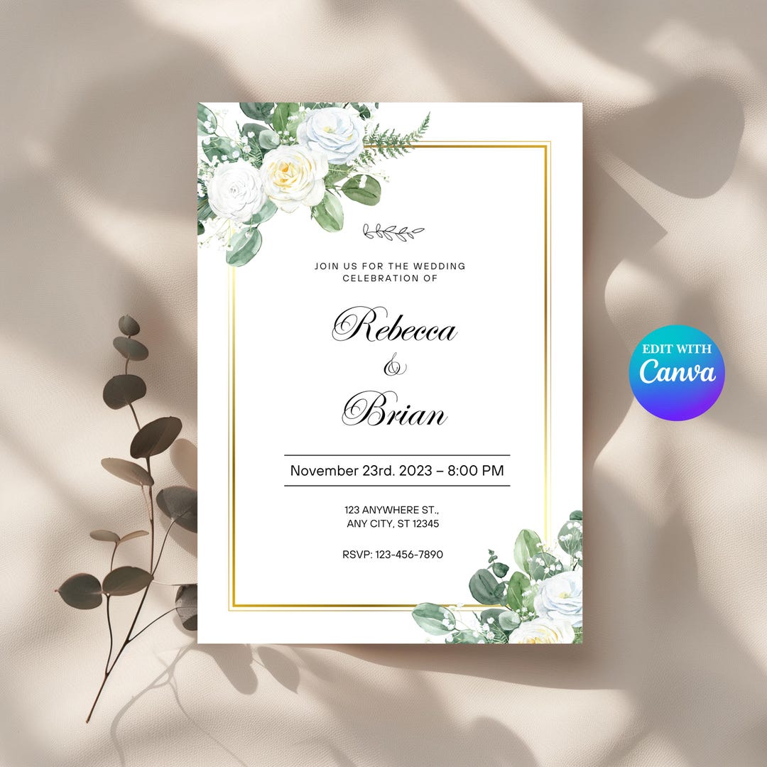 White Roses Wedding Invitation Template: Floral Bridal Announcement ...