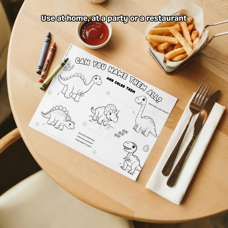 Dinosaur Coloring Sheet - Activity Placemat for Kids - Printable - T ...