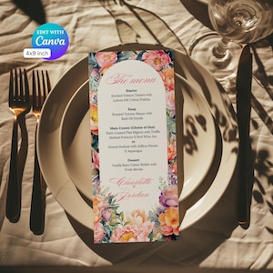 Blumenhochzeitsmenüvorlage, Karte 4 x 9 Zoll, bearbeitbares Hochzeitsabendmenü Blumen, Pfingstrosen, Bearbeitung mit Canva kostenlos, Sofort-Download