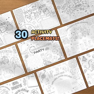 May include: A set of 30 activity placemats featuring illustrations and games. Themes include a capybara party, underwater scenes, and puppies. Each placemat has colouring pages, mazes, and word puzzles. Text includes "Kitten", "Underwater Party", and "Puppy Pals".