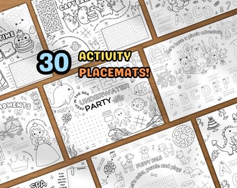 May include: A collection of 30 activity placemats with various themes, including a capybara party, underwater scenes, and puppy pals. Each placemat features coloring pages, mazes, and word puzzles. The text on the placemats includes "Kitten", "Underwater Party", and "Puppy Pals".