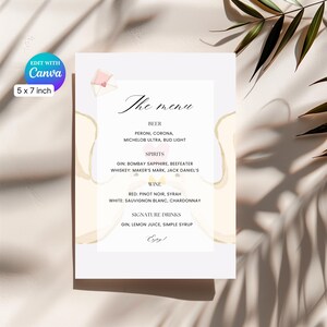 Modello di menu per bar per matrimoni, carta da 5 x 7 pollici, bevande modificabili per la firma del matrimonio, modifica con account Canva gratuito, download immediato, colombe