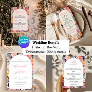 Florale Hochzeit Bundle Vorlage, Hochzeit Briefpapier Set, Einladung, Bar Schild, Menükarte, Abendkarte, Bearbeiten mit Canva, Blumen, Pfingstrosen