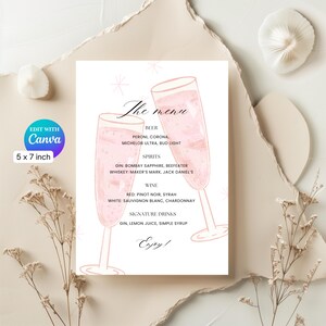 Modello di menu per bar per matrimoni, carta da 5 x 7 pollici, bevande modificabili per matrimoni, modifica con account Canva gratuito, download immediato, champagne
