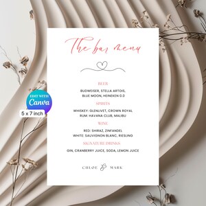 Plantilla de menú de barra de bodas con corazón, tarjeta de 5 x 7 pulgadas, bebidas exclusivas de boda editables, edición con cuenta gratuita de Canva, descarga instantánea