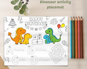 Dinosaur Birthday Activity Placemat: Kids Coloring, Maze, Tracing (PDF Download)