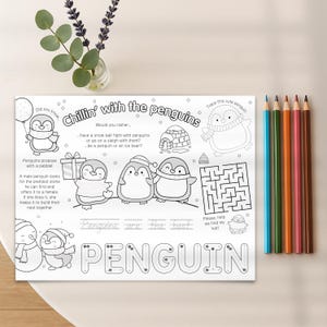 May include: A black and white penguin-themed activity sheet with the text "Chillin' with the penguins". Includes illustrations of penguins, a maze, and coloring areas. Colored pencils are on the right.