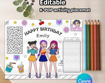 Editable K-Pop Birthday Placemat: Personalized Kids Party Game (Digital Download)