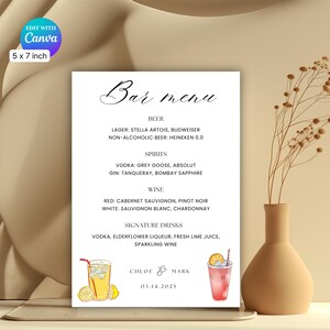 Handgeschreven menusjabloon bruiloftsbar, kaart 5 x 7 inch, bewerkbare handtekening bruiloftsdrankjes, bewerken met gratis Canva-account, direct downloaden