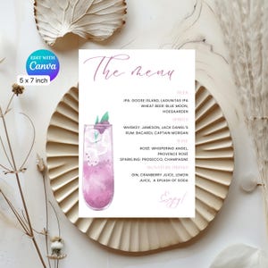 Modello di menu per bar per matrimoni, carta da 5 x 7 pollici, drink personalizzati per matrimoni, menu per cocktail, modifica con account Canva gratuito, download immediato
