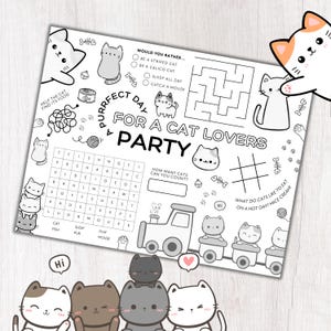 Activity Placemat with Cute Cat Theme | Kitten Theme | Kids Coloring Page | Printable File Download | Activity Sheet | Kawaii Cats Puzzles