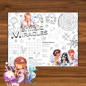Activity Placemat Mermaid Theme, Kids Activity Sheet, Kids Coloring Page, Cute Mermaids, Underwater Animals, Printable File Digital Download