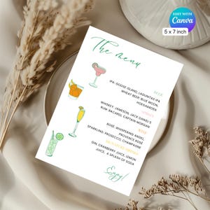 Modello di menu per bar per matrimoni, carta da 5 x 7 pollici, drink personalizzati per matrimoni, menu per cocktail, modifica con account Canva gratuito, download immediato