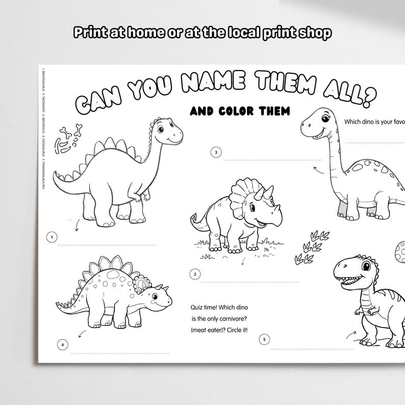 Dinosaur Coloring Sheet - Activity Placemat for Kids - Printable - T ...