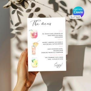Modello di menu per bar per matrimoni con calligrafia, carta da 5 x 7 pollici, drink modificabili per la firma del matrimonio, modifica con account Canva gratuito, download immediato